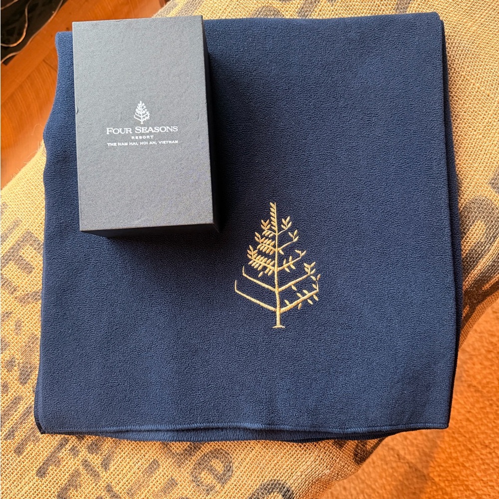 Four Seasons Navy Blue fleece throw with Gold Embroidery and Vietnamese Coffee